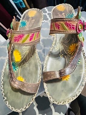 Spring Step Hand-Painted Brown Floral Leather Women’s Sandals